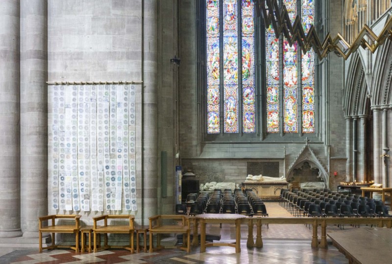 artwork 'Map of Mundi' by artist Michelle Rumney in the nave of Hereford Cathedral Re-Making Maps of the Mind: Medieval and Modern Journeys exhibition