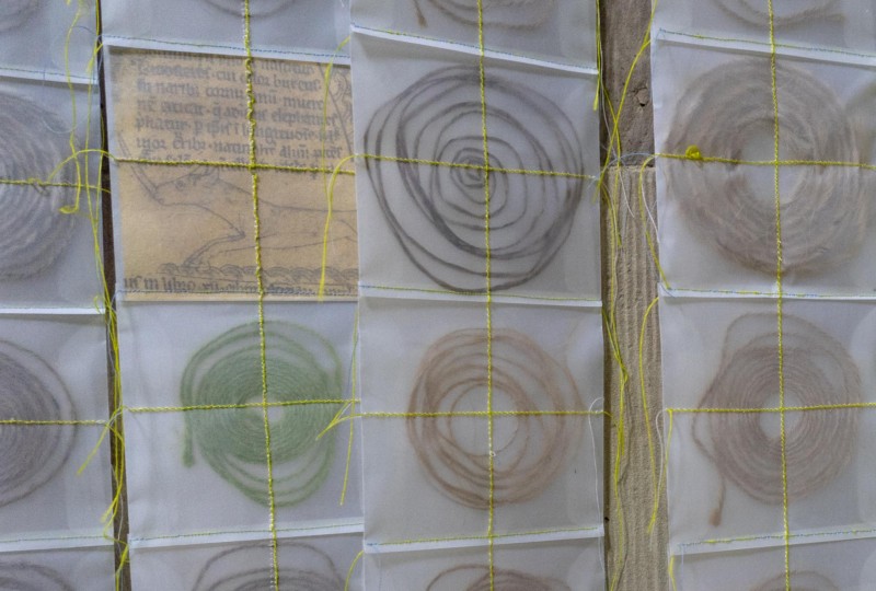 artwork 'Map of Mundi' by artist Michelle Rumney in the nave of Hereford Cathedral Re-Making Maps of the Mind: Medieval and Modern Journeys exhibition
