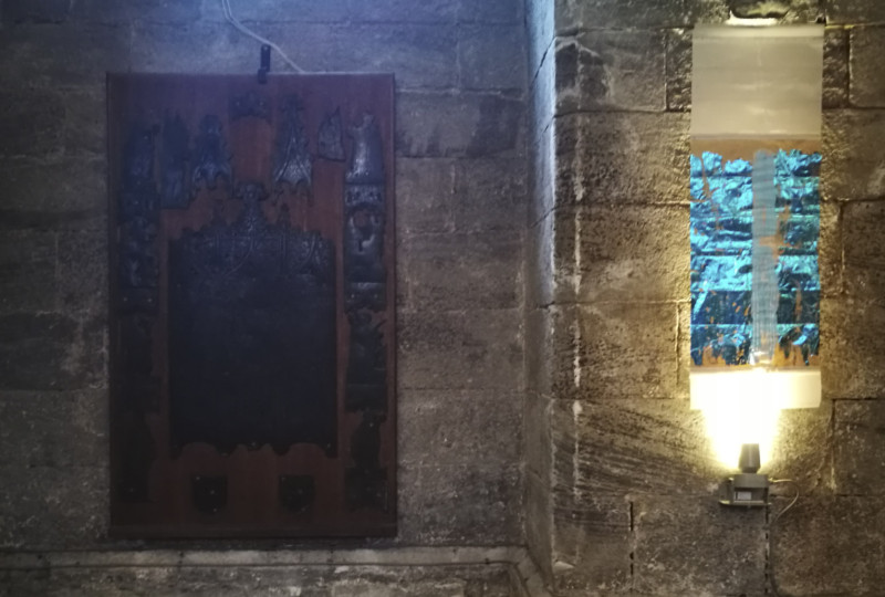 artwork on show by artist Michelle Rumney in the crypt of Hereford Cathedral Re-Making Maps of the Mind: Medieval and Modern Journeys exhibition