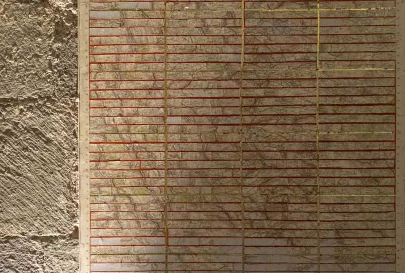 artwork on show by artist Michelle Rumney in the crypt of Hereford Cathedral Re-Making Maps of the Mind: Medieval and Modern Journeys exhibition