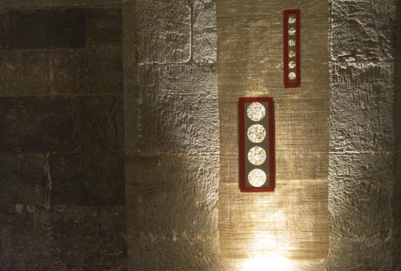artwork on show by artist Michelle Rumney in the crypt of Hereford Cathedral Re-Making Maps of the Mind: Medieval and Modern Journeys exhibition