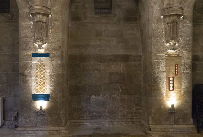 artwork on show by artist Michelle Rumney in the crypt of Hereford Cathedral Re-Making Maps of the Mind: Medieval and Modern Journeys exhibition