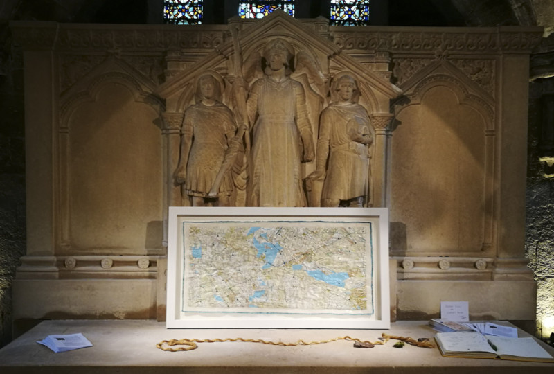 artwork on show by artist Michelle Rumney in the crypt of Hereford Cathedral Re-Making Maps of the Mind: Medieval and Modern Journeys exhibition