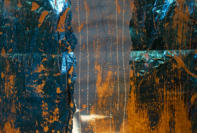 artwork on show by artist Michelle Rumney in the crypt of Hereford Cathedral Re-Making Maps of the Mind: Medieval and Modern Journeys exhibition