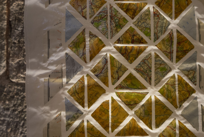 artwork on show by artist Michelle Rumney in the crypt of Hereford Cathedral Re-Making Maps of the Mind: Medieval and Modern Journeys exhibition