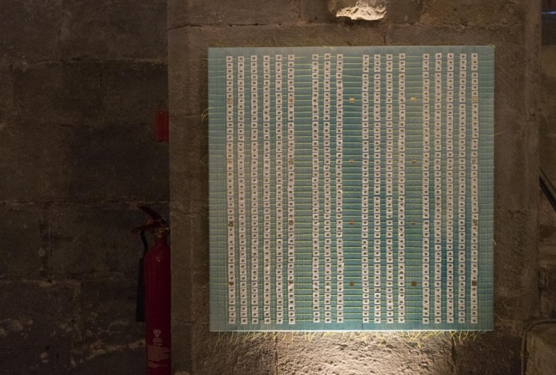 artwork on show by artist Michelle Rumney in the crypt of Hereford Cathedral Re-Making Maps of the Mind: Medieval and Modern Journeys exhibition