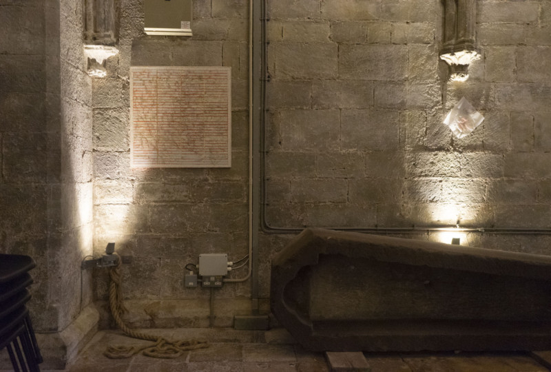 artwork on show by artist Michelle Rumney in the crypt of Hereford Cathedral Re-Making Maps of the Mind: Medieval and Modern Journeys exhibition