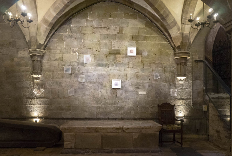 artwork on show by artist Michelle Rumney in the crypt of Hereford Cathedral Re-Making Maps of the Mind: Medieval and Modern Journeys exhibition