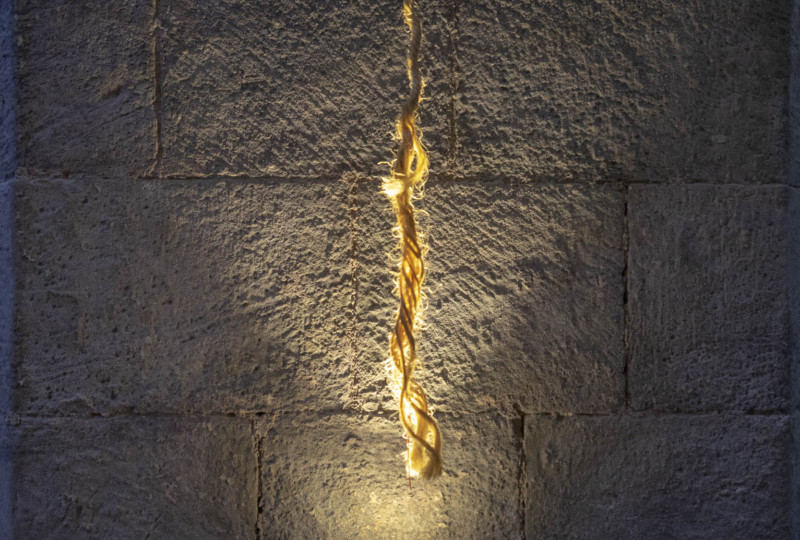 artwork on show by artist Michelle Rumney in the crypt of Hereford Cathedral Re-Making Maps of the Mind: Medieval and Modern Journeys exhibition