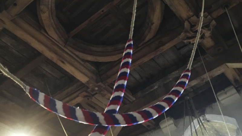 bell ropes in the bell tower of St Marys Priory Church Abergavenny in Wales - part of the St Thomas Way