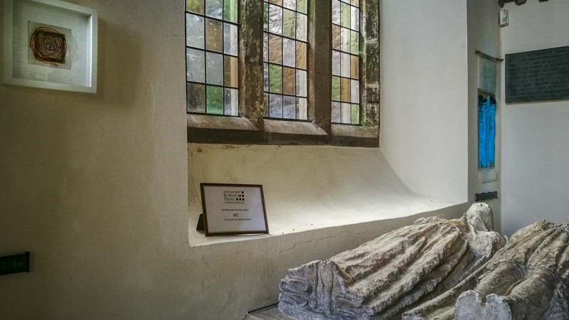 artwork hanging in the chapel of St Marys Priory Church Abergavenny in Wales - part of the St Thomas Way