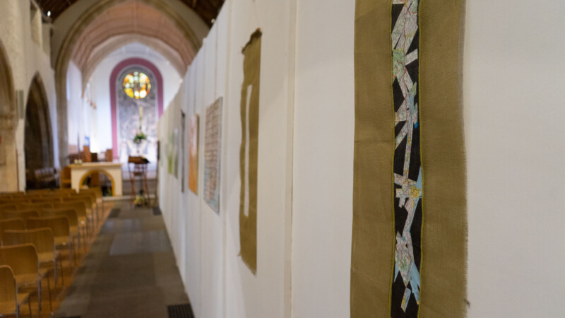 Newport Cathedral Exhibition Medieval & Modern Journeys for St Thomas Way by artist Michelle Rumney